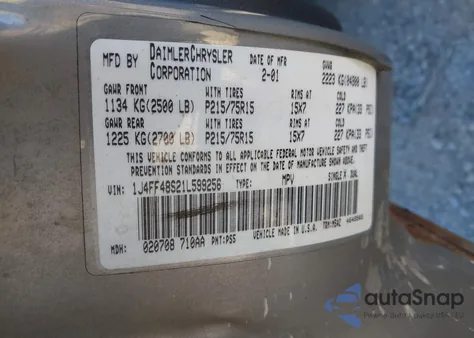 2001 Jeep Cherokee Sport из США, поврежденный, VIN 1J4FF48S21L599256